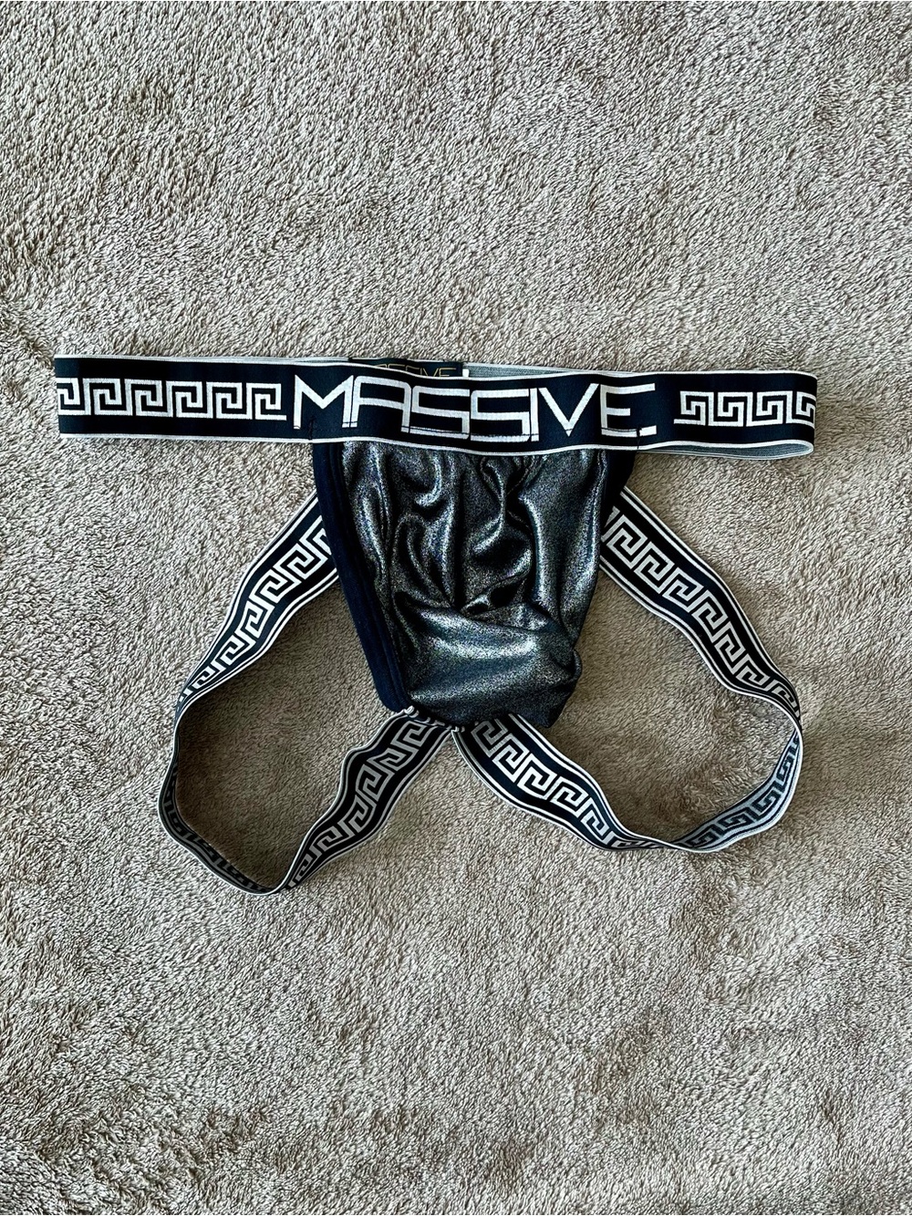 Andrew Christian Black and Solver Shiny Jockstrap with Massive Waistband